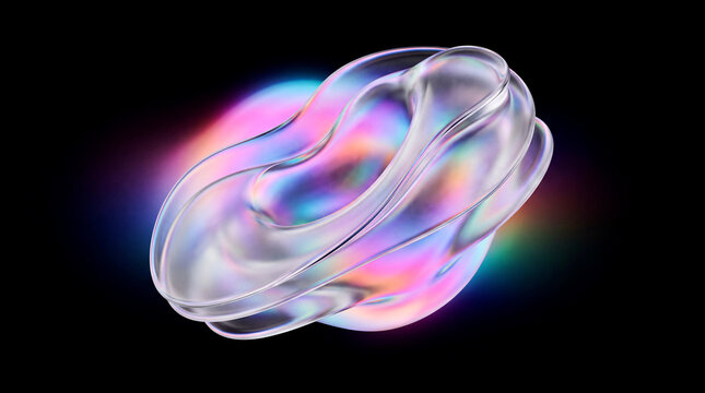 Fluid glass wave splash with holographic rainbow reflection on black background