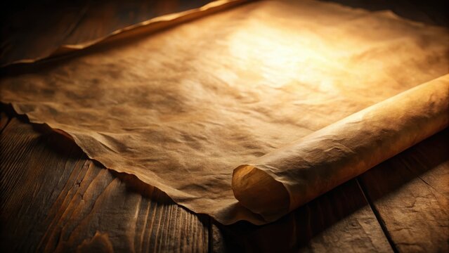 A solitary sheet of parchment peeks from beneath an edge creased and worn amidst a subtle chiaroscuro glow