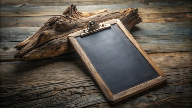 A blank chalkboard clipboard lies abandoned on a weathered driftwoodembossed surface in a dimly lit artistic studio