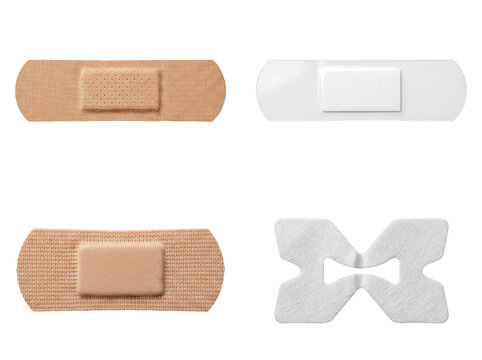 Bandage collection featuring medical adhesive strips and butterfly closures isolated on transparent background for healthcare first aid kit and wound care design concepts.