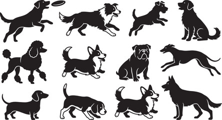 Naklejka premium Black silhouette dogs in various poses and breeds Vector