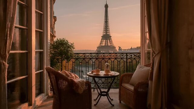 Paris, France, Europe. A vivid portrayal of a balcony overlooking the Eiffel Tower at sunset. The balcony features a round table with two cups of coffee and a silver teapot.