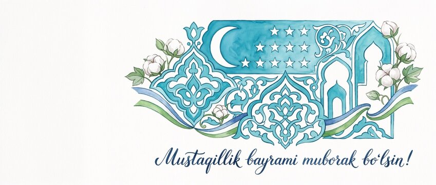 Uzbekistan Independence Day greeting "Mustaqillik bayrami muborak bo&lsquo;lsin" with elegant Uzbek mosaic ornament and copy space