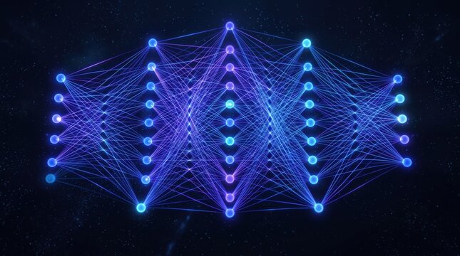 Abstract artificial intelligence neural network structure with layers of connected nodes, deep learning algorithm visualization, machine learning model architecture