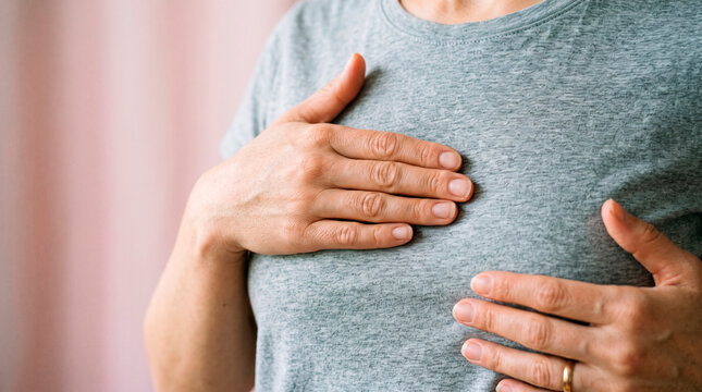 Woman holding her chest in a gesture of concern or self examination for health awareness