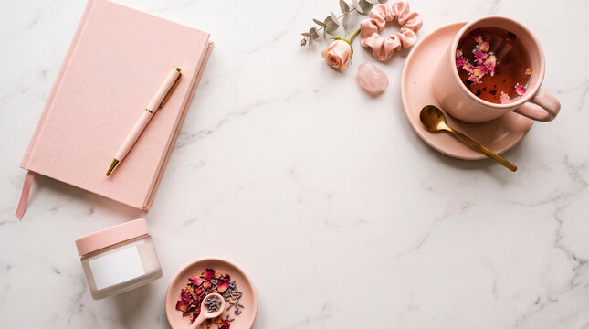 Flat lay of pink journal pen skincare cream and herbal tea with rose petals on marble surface