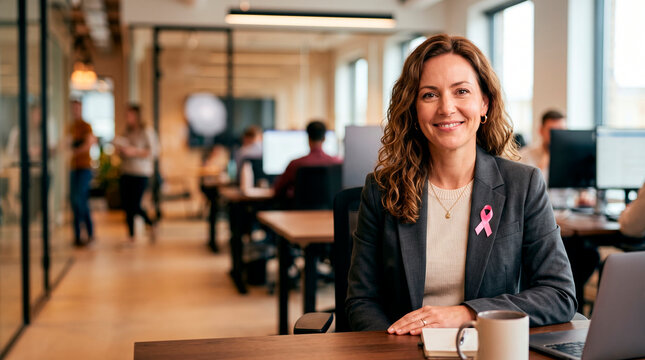 Smiling businesswoman wearing a pink ribbon for breast cancer awareness in a modern office setting