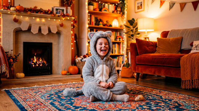 Joyful child in cat costume laughing in a cozy living room decorated for autumn and Halloween