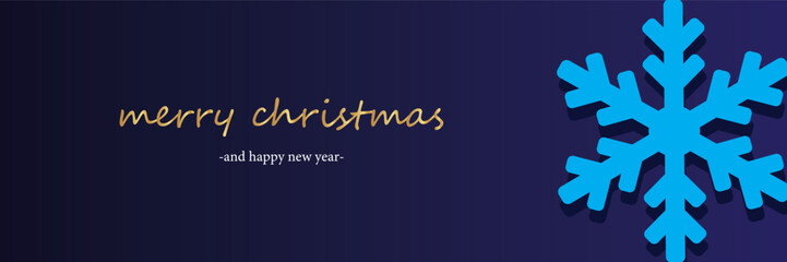 Merry Christmas and Happy New Year banner background with big blue snowflake element. Dark navy blue winter holiday greeting card calligraphic typography vector illustration design asset. © Alvin