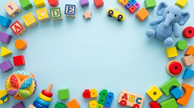 Colorful Wooden Educational Toys Arranged on a Light Blue Wooden Surface