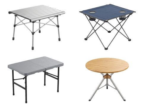 Folding camping table assortment featuring aluminum and fabric designs for outdoor activities isolated on transparent background for travel and adventure themed projects.