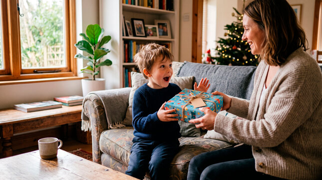 Mother gives a Christmas gift to her excited son in a cozy living room with a decorated tree