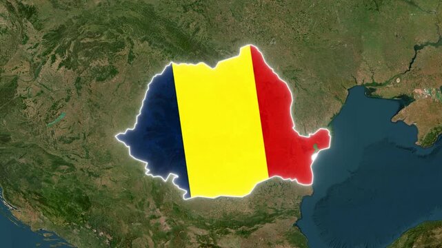 Romania Map Highlight with Animated Flag Pin on World Satellite Map