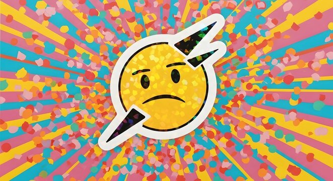 Stylized frowny emoji with lightning bolts on vibrant colorful starburst background showing frustration