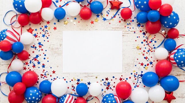 American Independence Day celebration with red white and blue balloons confetti and stars on a wooden background