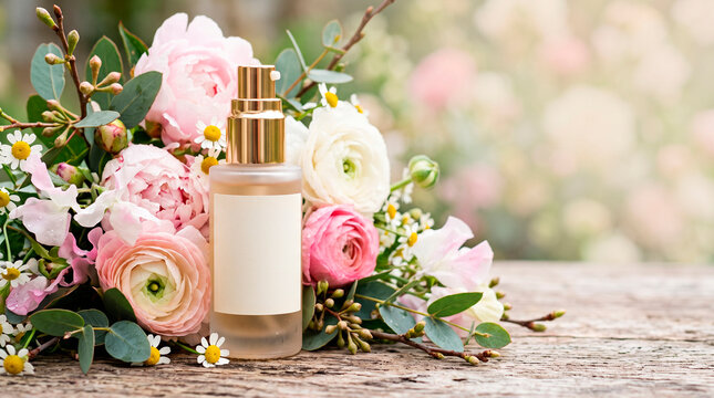 Elegant Perfume Bottle Surrounded by a Lush Bouquet of Delicate Pink and White Flowers on a Rustic Wooden Surface