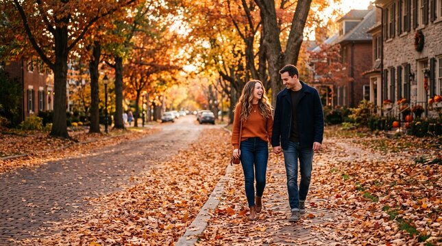 Couple walking hand in hand on a leaf covered street during autumn with colorful trees and houses