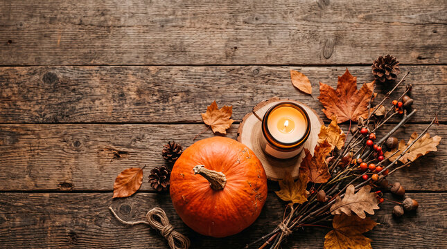 Autumnal still life with pumpkin, burning candle, fallen leaves, acorns and pinecones on rustic wooden background
