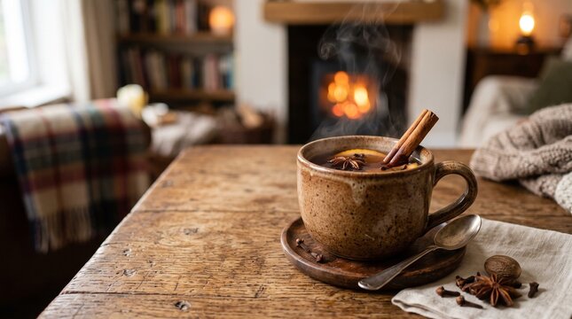 Cozy Winter Evening Warm Drink with Spices by Fireplace
