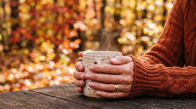 Person holding a steaming mug of hot beverage on a wooden table with autumn foliage in the background