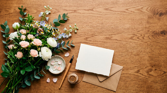 Flat lay of a bouquet of fresh flowers, blank card, envelope, and calligraphy pen on a wooden table