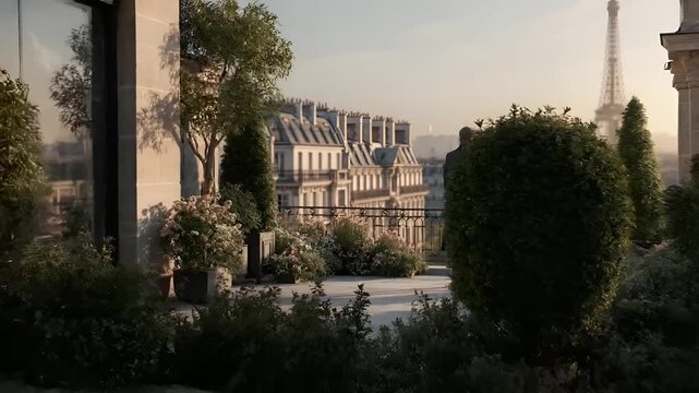 Paris, France, Europe. A man in a long coat stands on a balcony overlooking the Eiffel Tower in Paris, France. The scene is bathed in the warm glow of the setting sun.