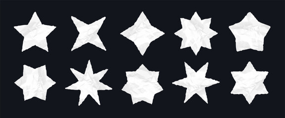 Fototapeta premium Scrapbook star shape set. Crumpled paper sparkle collection. Jagged edges torn paper spark collection. Wrinkled twinkle elements for sticker, collage, text box, banner, poster. Vector 