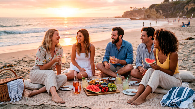 Diverse group of friends enjoying a beach picnic at sunset with food and drinks