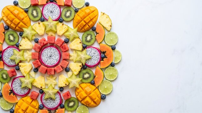 Vibrant mandala pattern made of fresh tropical fruit slices arranged on a white marble surface