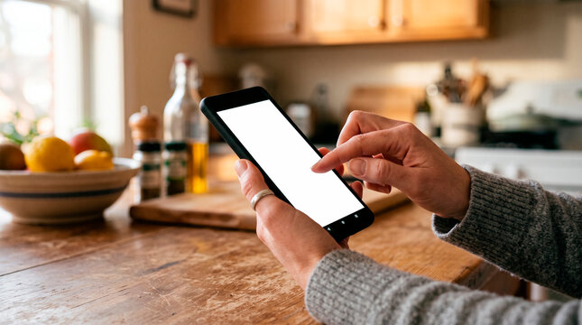 Person holding a smartphone with a blank white screen in a kitchen setting, interacting with the device