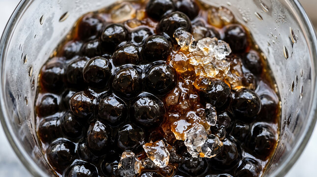 Glossy Black Tapioca Pearls Soaked in Brown Sugar Syrup Mixed with Crushed Ice in Glass Bowl Close-Up
