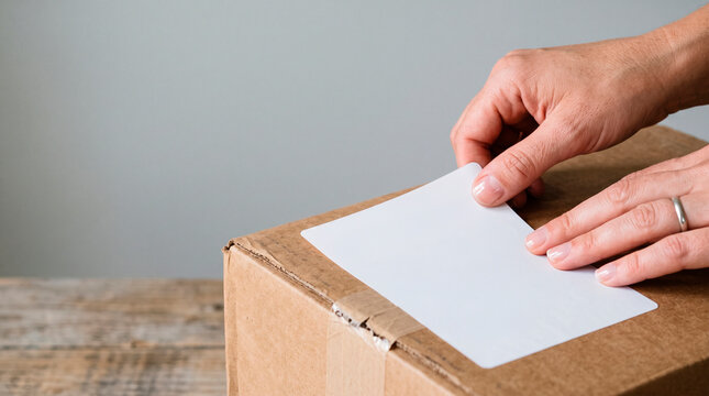 Hands applying a blank white label to a cardboard shipping box on a wooden surface