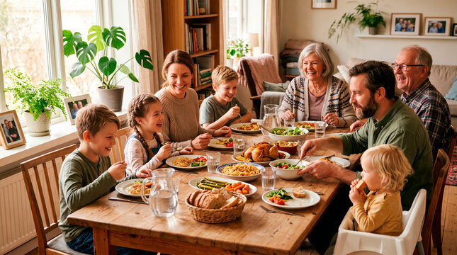 Multi-generational family enjoying a festive holiday meal together around a wooden table filled with food