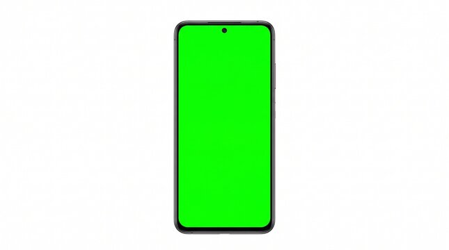 Modern smartphone with a vibrant green screen display isolated on a clean white background for easy compositing