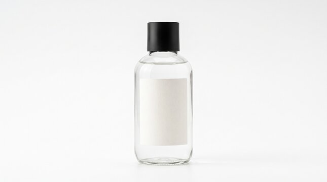 Clear glass bottle with blank label and black cap isolated on white background studio shot