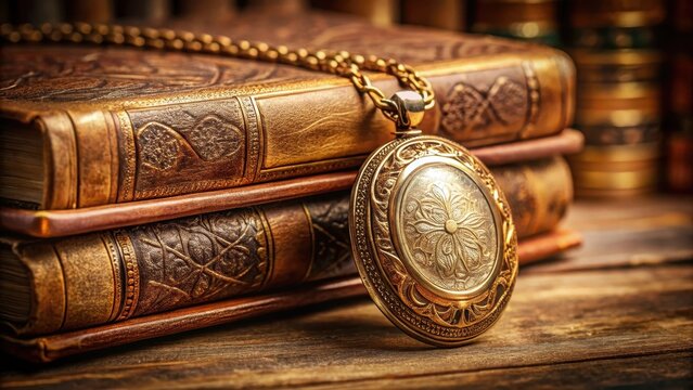 A delicate antique locket rests on the crumpled gold foil texture background of a vintage leatherbound bookshelf