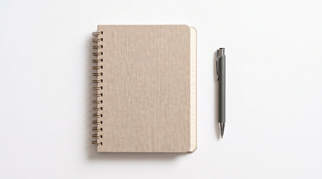 Minimalist overhead view of a beige linen textured spiral bound notebook and a dark gray pen on a plain white background