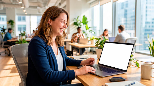 Smiling woman working on laptop in bright modern office with plants and city view
