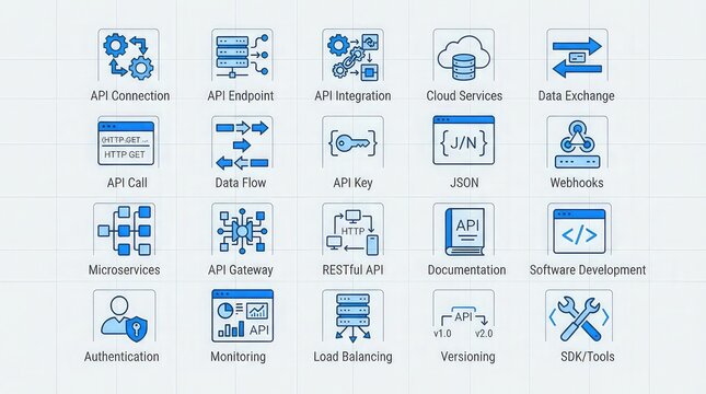 Collection of api related icons and terms on a grid with grid 16 blue icons text labels related api concepts authentication microservices documentation