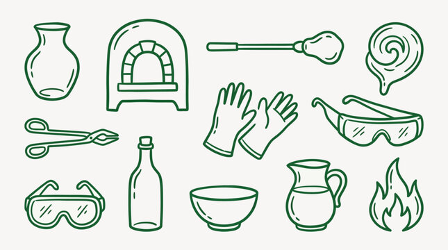 A collection of hand-drawn illustrations depicting various tools and equipment used in glassblowing and laboratory work, including a furnace, tongs, bottles, and safety gear.