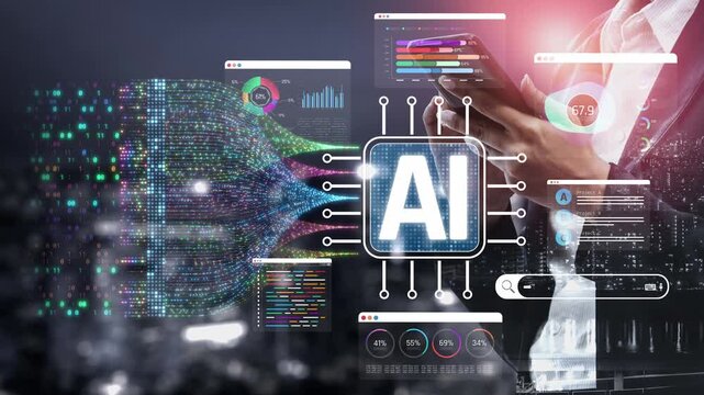 Modern Technology Concept Showcasing Artificial Intelligence with Data Visualization, Charts, and Digital Interface on a Night Cityscape Background Sigmoid