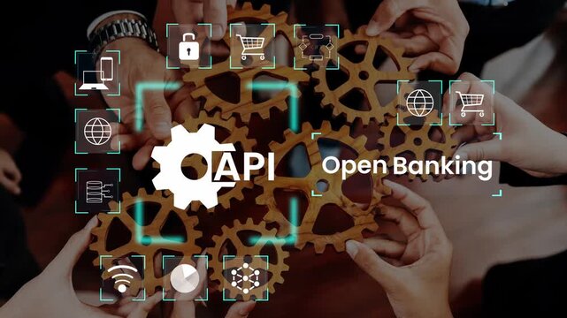 Collaboration in Open Banking: Hands of Professionals Uniting Gear Symbols with API Interface for Digital Finance Innovation and Technology Advancement Gluon.