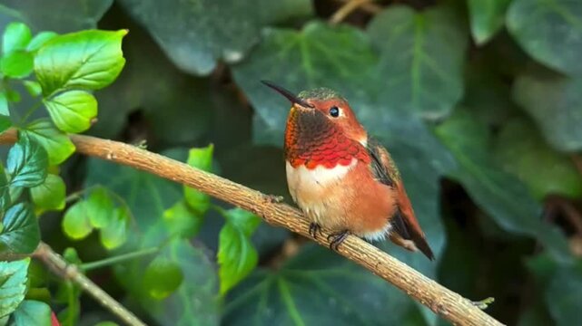 Beautiful Male Rufous Hummingbird Perched on a Tree Branch with Green Leaves Background