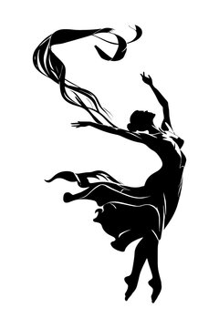 Graceful Black Silhouette of a Dancing Woman with Flowing Dress and Ribbon in the Wind