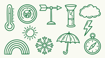 Obraz premium Collection of weather-related icons including a thermometer, compass, sun, rainbow, snowflake, cloud, lightning, umbrella, and weather vane.