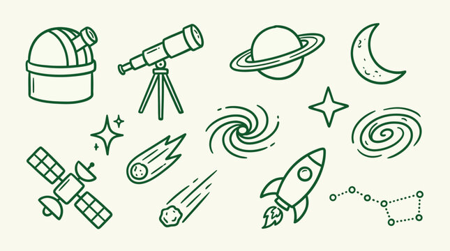 A charming hand-drawn illustration featuring a collection of celestial objects and space exploration elements, including a telescope, observatory, planets, galaxies, comets, a rocket, and a satellite.