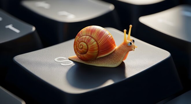 Cute 3D illustration of a snail crawling on a black computer keyboard key representing slow internet speed and technology connection issues