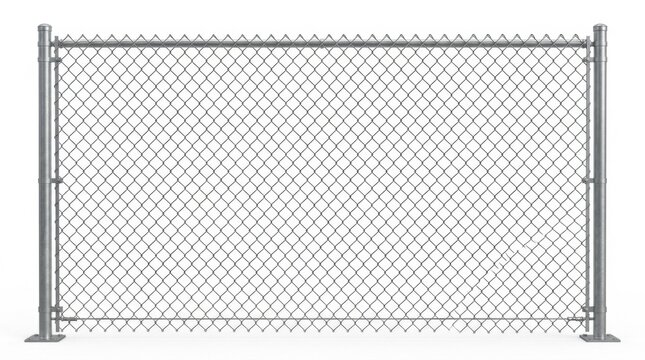 Chain link fence isolated on white background. Metal wire mesh barrier, security boundary with posts. Galvanized steel industrial protection grating, modern property enclosure asset for design.