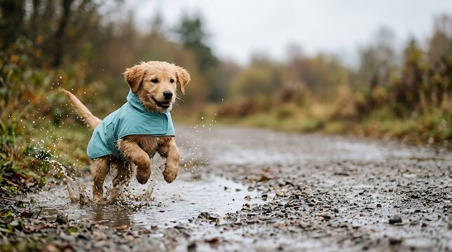 Golden retriever puppy wearing a blue coat jumping through a puddle