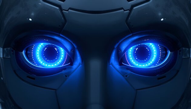 Futuristic Blue Robot Eyes on Dark Technology Face, Artificial Intelligence and Robotics Concept